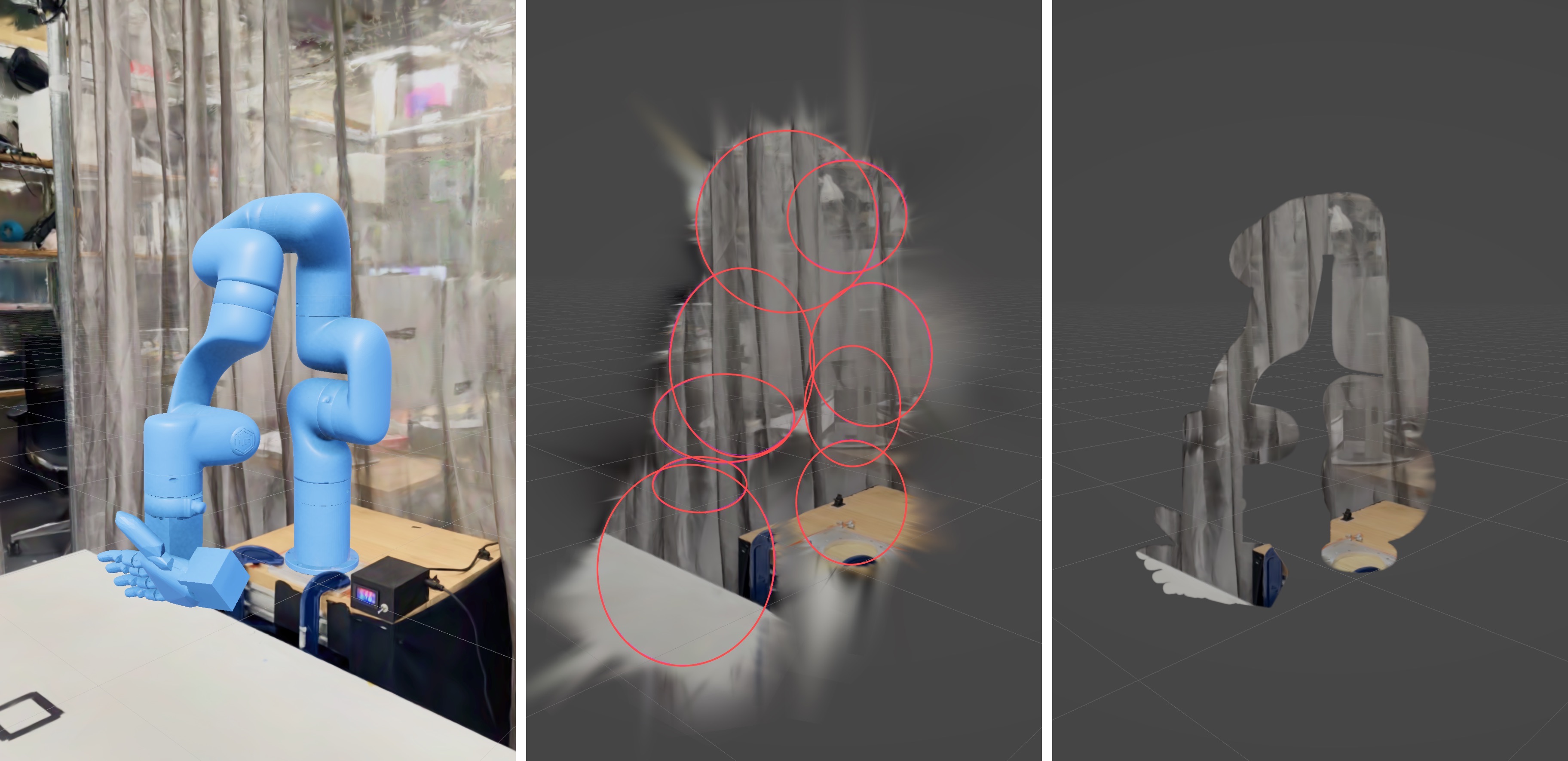 Diminished reality pipeline showing robot reconstruction, Gaussian splat masking, and the final hidden robot